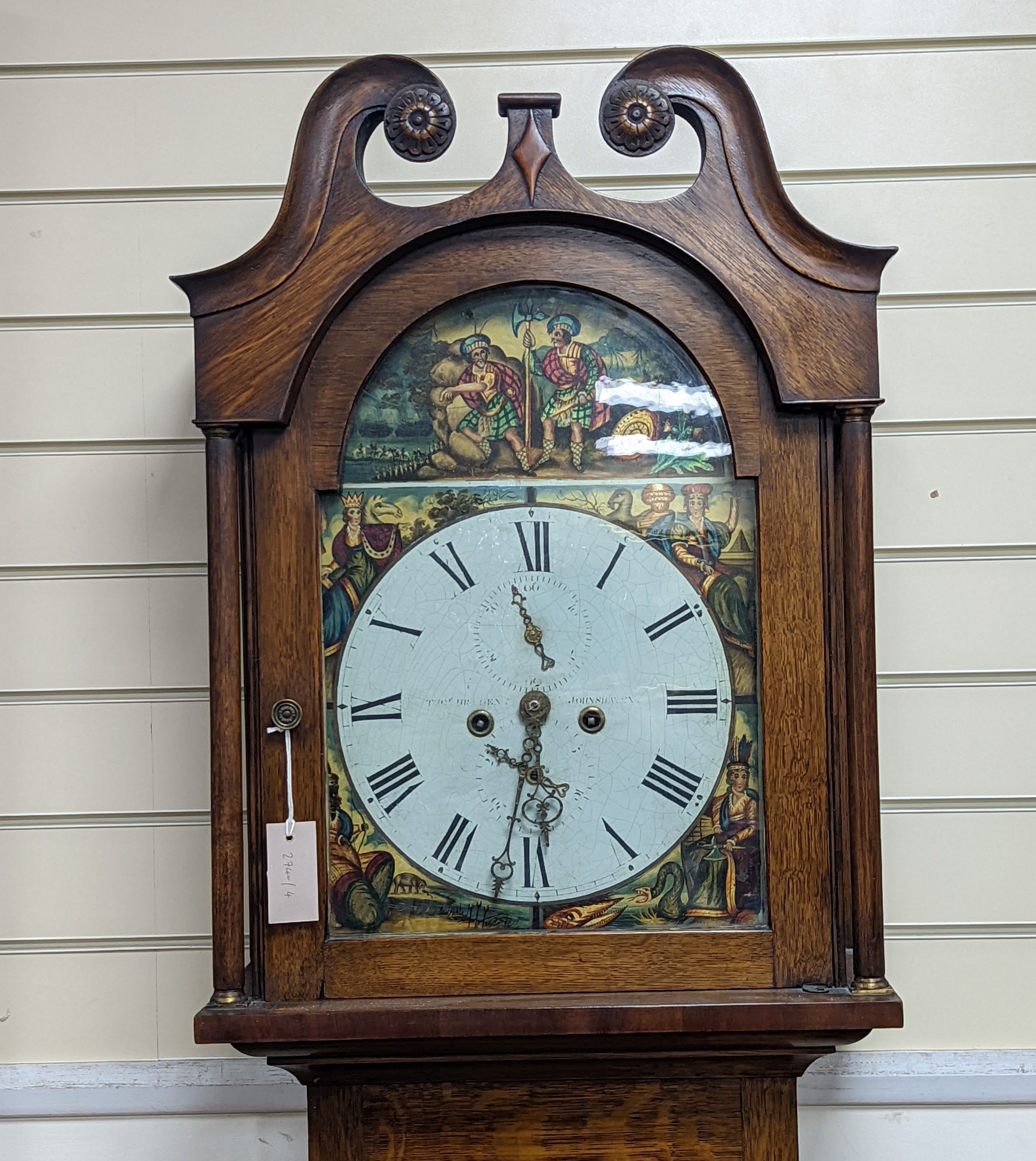 An early 19th century oak 8 day longcase clock, the dial painted with figures representing the continents, height 208cm